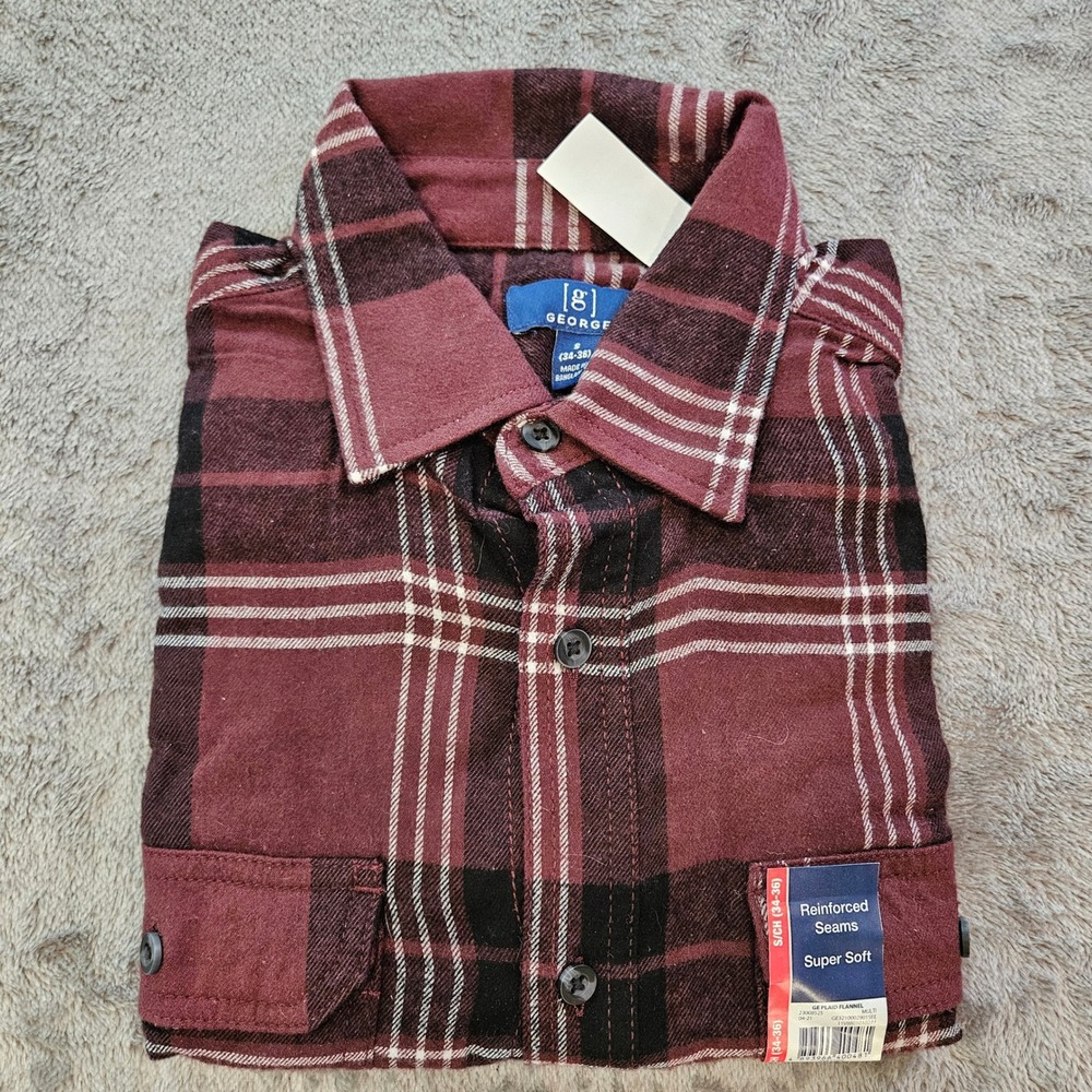George Mens Plaid Flannel Shirt Burgundy Black White Super Soft Small 34-36 NEW